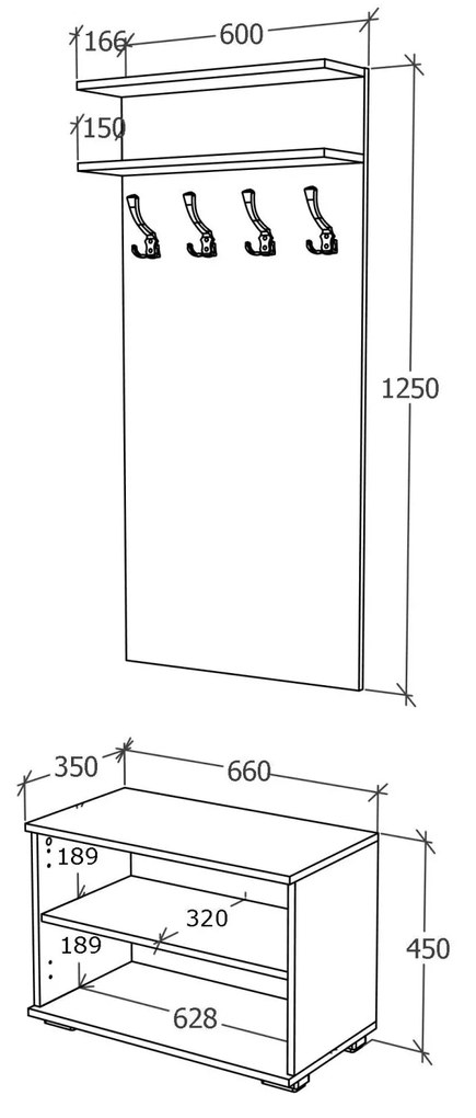 Cuier Como, Antracit/Alb, L 66 cm
