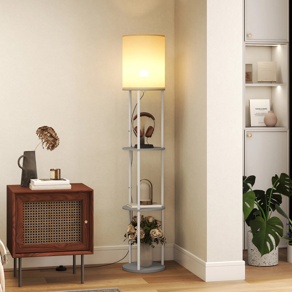 HOMCOM Lampă de podea cu polițe, 3 temperaturi de culoare, telecomandă, pentru living dormitor birou gri | Aosom Romania