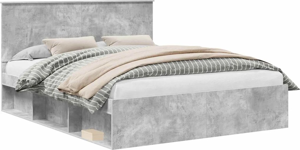 vidaXL Cadru de pat cu headboard Beton 160 x 200 cm Lemn de pin masiv