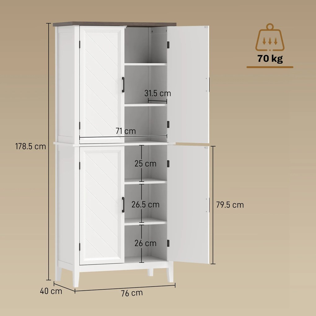 HOMCOM Bufet înalt bucătărie 6 nivele, dulap de bucătărie, 4 uși cu model chevron și 4 rafturi reglabile, 76x40x178,5cm, alb | Aosom Romania