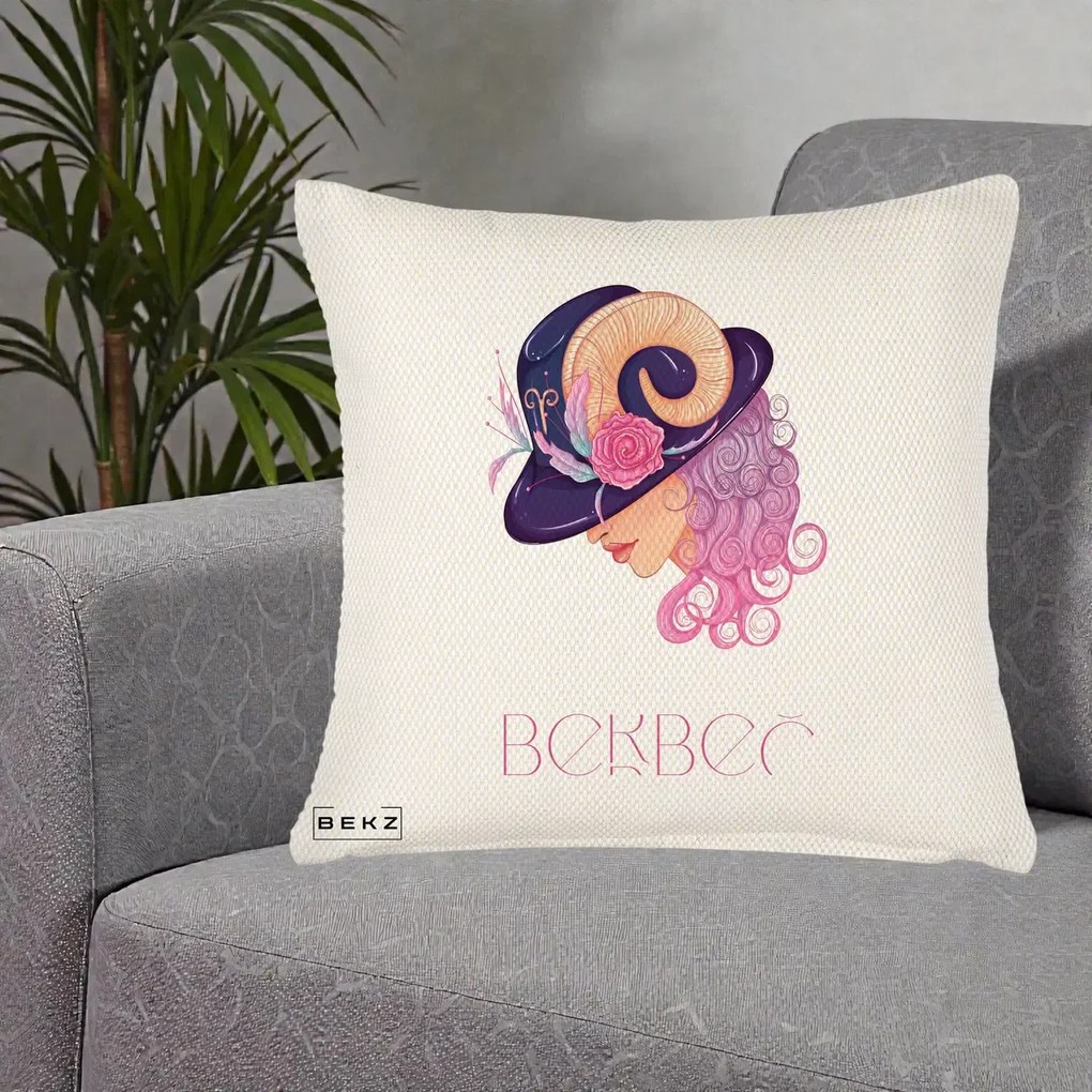 Perna Personalizata Zodie Berbec, 40x40 cm, Crem Reliefat, Husa Detasabila, Perna Inclusa, BEKZ®