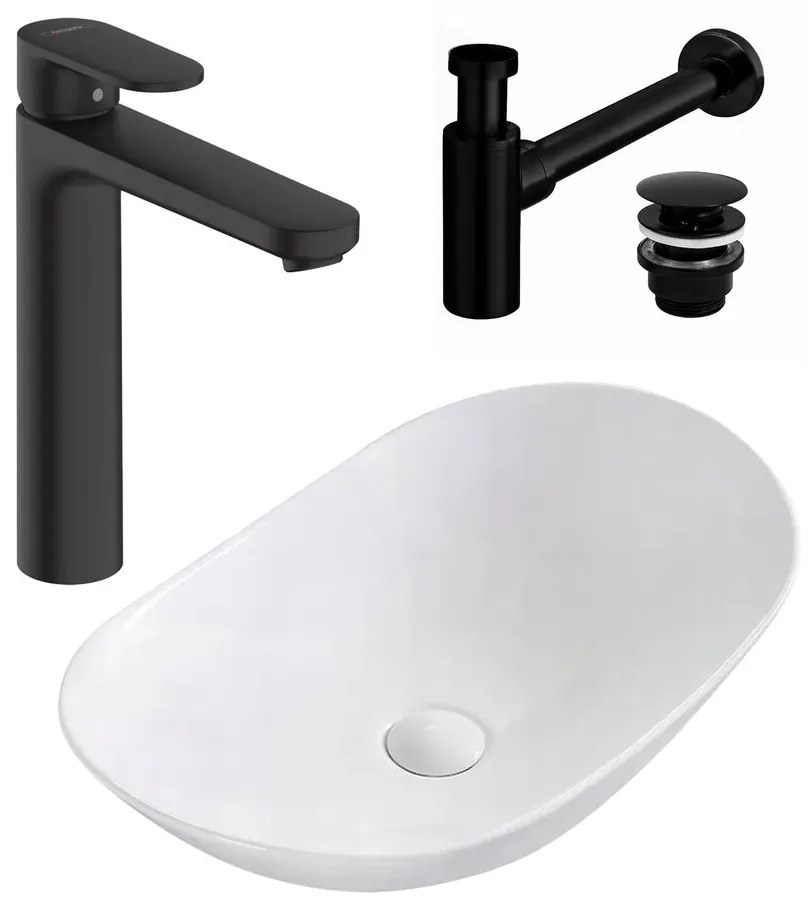 Pachet lavoar pe blat Rea Royal alb 62.5 cm, baterie lavoar Hansgrohe Vernis Blend 190 negru si ventil lavoar Click-Clack negru