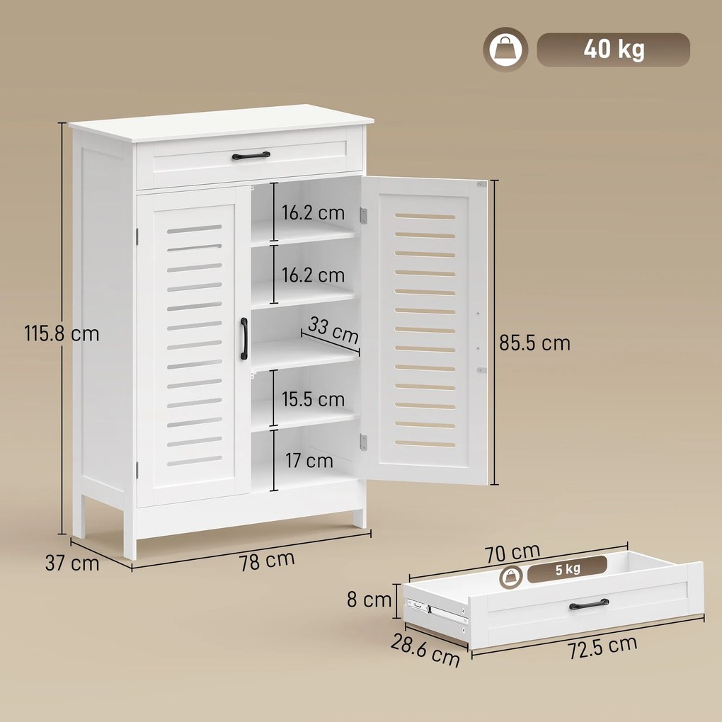 HOMCOM Dulap pentru Încălțăminte cu Uși cu Lamele Sertar și Rafturi Reglabile pentru 20 Perechi 78x37x115,8 cm Alb | Aosom Romania