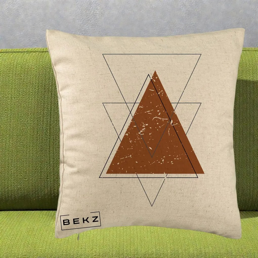 Perna Decorativa Geometric Triunghiuri Sacred, 40x40 cm, Bej, Husa Detasabila, Perna Inclusa, BEKZ®