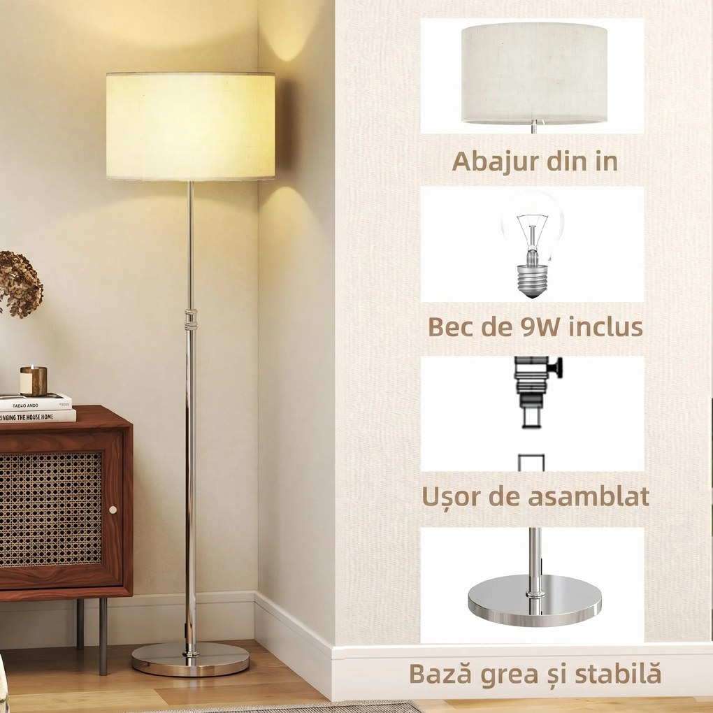 HOMCOM Lampă de Podea cu Telecomandă și Luminozitate Reglabilă 3000k-6000k, cu Abajur Textil, Argintie | Aosom Romania