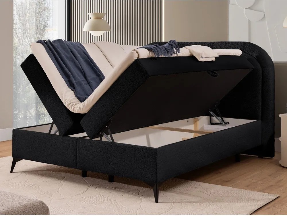 Pat boxspring negru cu spațiu de depozitare 140x200 cm Ornes – Ropez