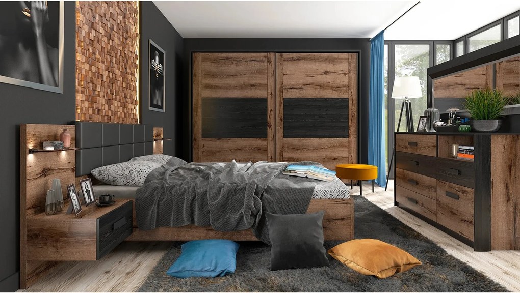 Set dormitor KASSEL, stejar/negru, pat 160x200 cu noptiere, dulap cu 2