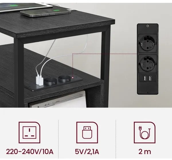 Masă laterală ROD, neagră, cu prize și porturi USB încorporate