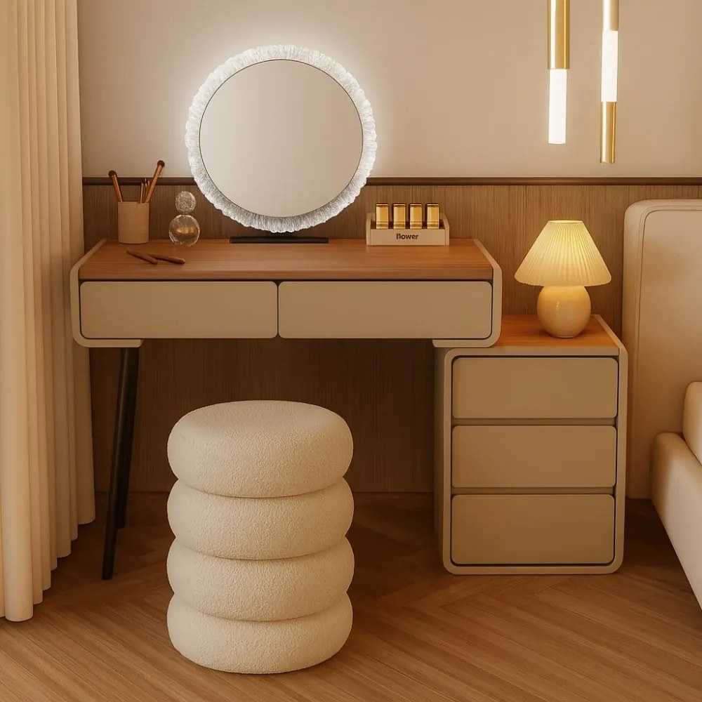 Set EMILY, Masă de toaletă pentru machiaj cu oglindă iluminată LED, în trei culori, intensitate reglabilă, control touch, comoda, taburet, 80 cm, Gri