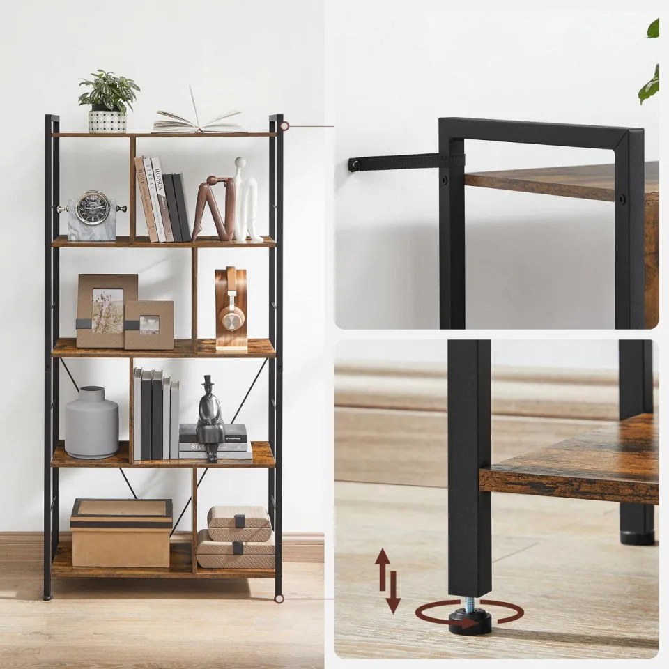 Biblioteca Living, Maro Rustic / Negru, PAL / Metal, 5 Rafturi