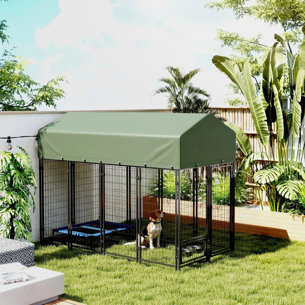 PawHut Țarc pentru Câini de Exterior din Oțel cu Acoperiș din Material Oxford, Anti-UV, Impermeabil, 2 Boluri, Verde | Aosom Romania