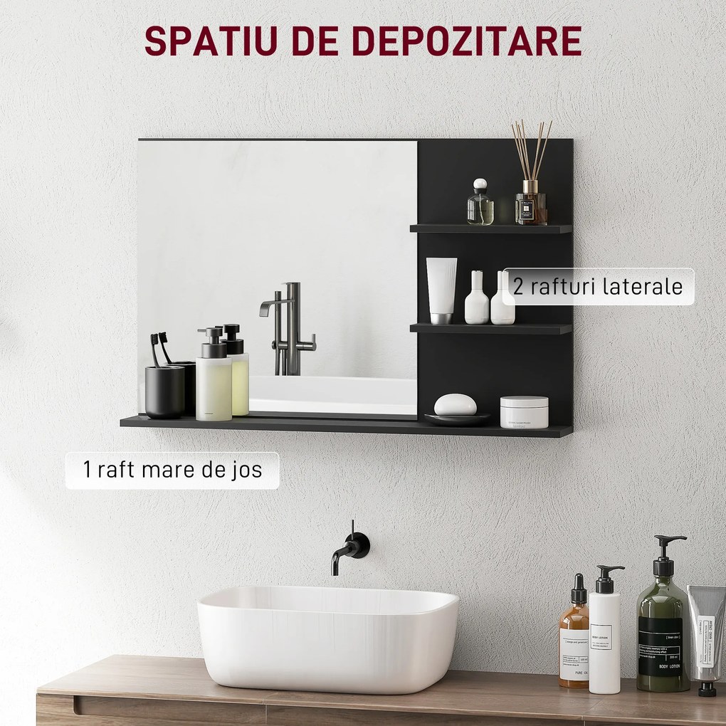 kleankin Oglindă de Baie cu 2 Rafturi Laterale și Raft Inferior Negru | Aosom Romania