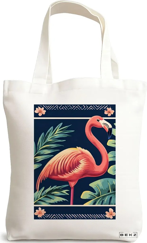 Sacosa de Panza pentru Cumparaturi, Geanta Tote, model Flamingo Paint 38 x 34.5 cm, Alba, BEKZ®