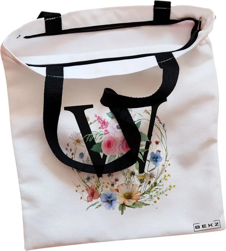 Sacosa de Panza pentru Cumparaturi, Geanta Tote, Cu litera W in Coronita Florala, Cu fermoar, 38x34.5 cm, Alba, BEKZ®