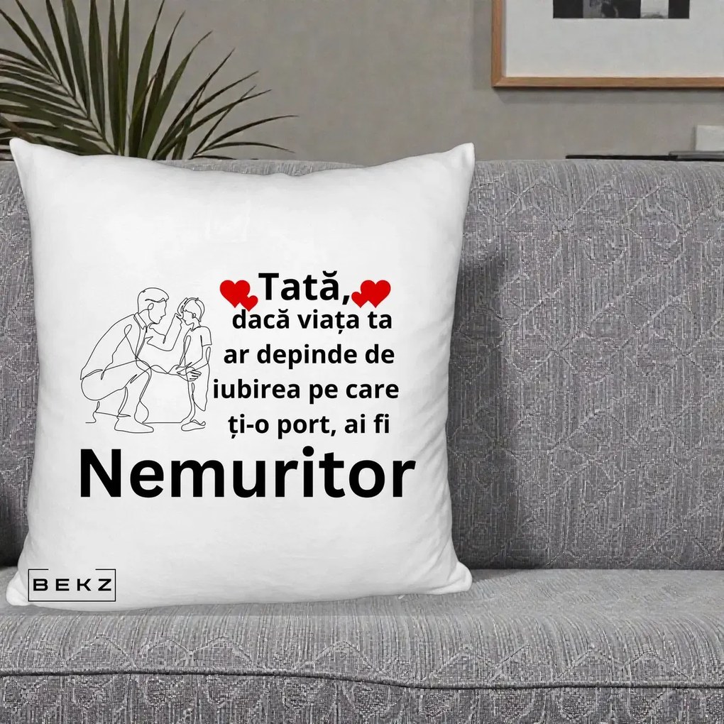 Cadou pentru Tata - Perna Personalizata Tata Nemuritor Baietel, 40x40 cm, Alb Pufos, Husa Detasabila, Perna Inclusa, BEKZ®