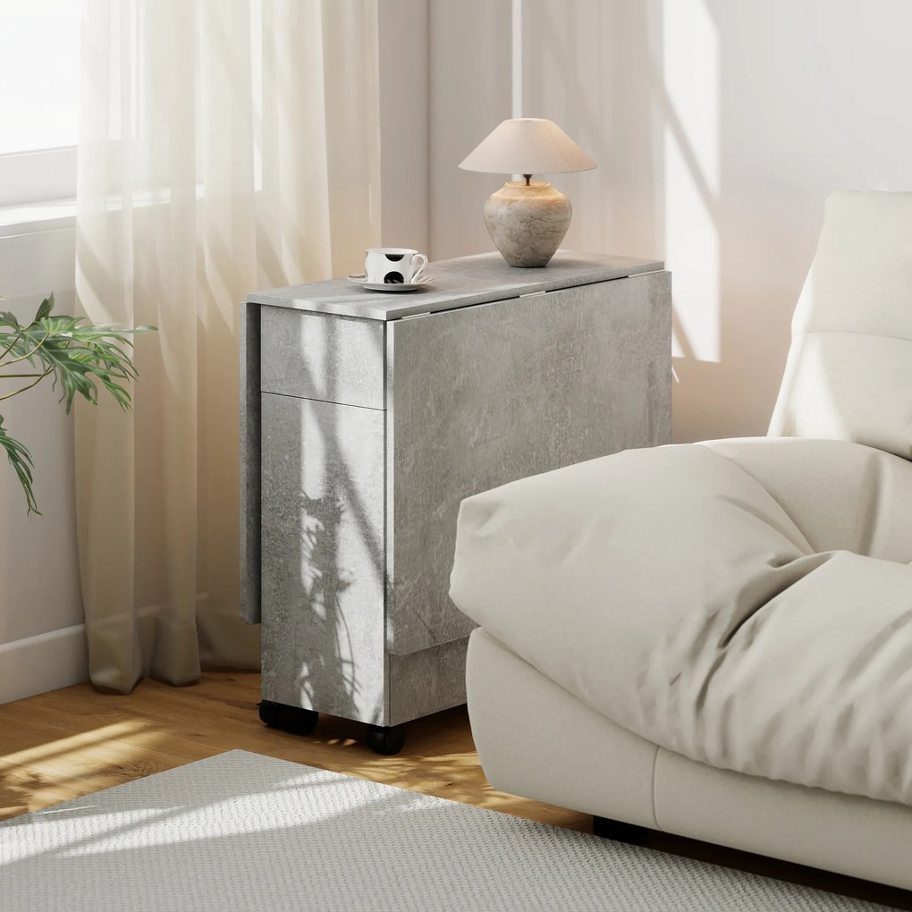 HOMCOM Masă de Luat Masa Pliabilă, Masă de Bucătărie cu Blaturi Rabatabile și Roți cu Frâne pentru 6 Persoane, Birou Compact cu 2 Sertare, 2 Uși și Dulap, pentru Living, 140x76x74î cm, Gri Ciment | Aosom Romania