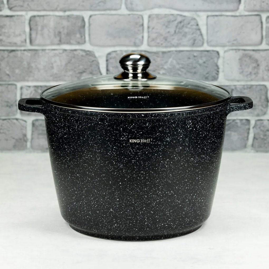 Oală cu capac 28 cm, 10L – Kinghoff KH 1599, antiaderentă cu marmură, neagră, ideală pentru supe și mâncăruri în volum mare