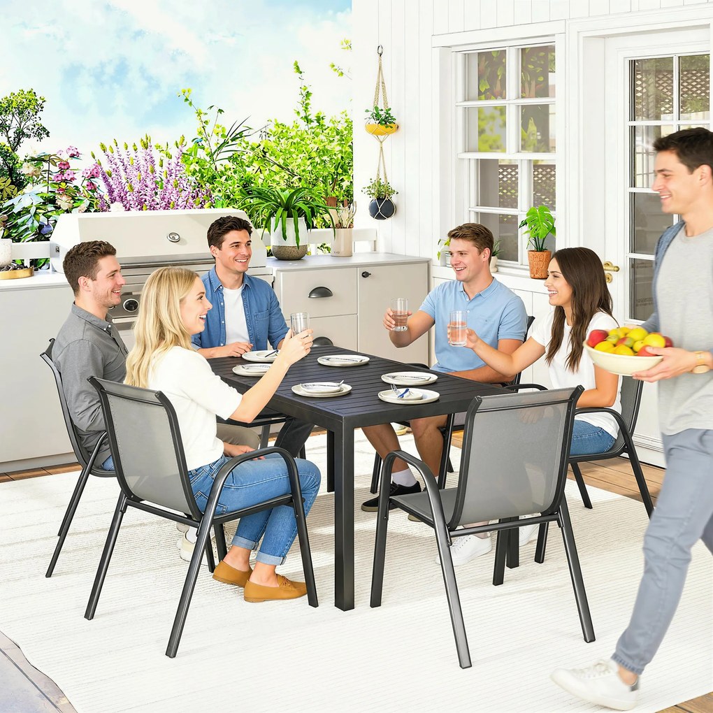 Outsunny Set Masă și Scaune de Grădină 7 Piese, Set Prânz Exterior cu Masă Dreptunghiulară, 6 Scaune Stivuibile din Textilenă, Set Mobilier de Grădină pentru Terasă, Balcon, Patio, Gri Deschis | Aosom Romania