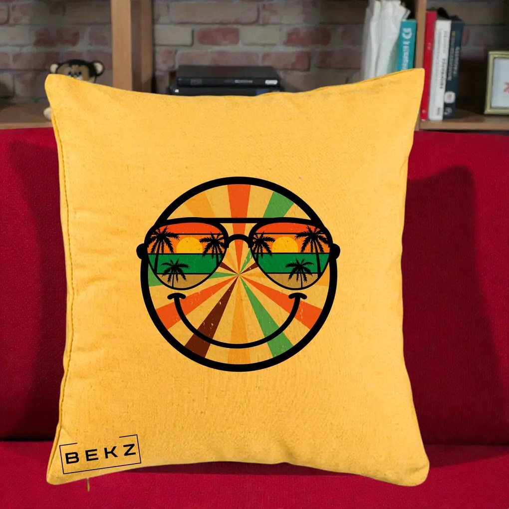 Perna Decorativa Smiley Face Retro Sunset Palmieri, 40x40 cm, Galben, Husa Detasabila, Perna Inclusa, BEKZ®