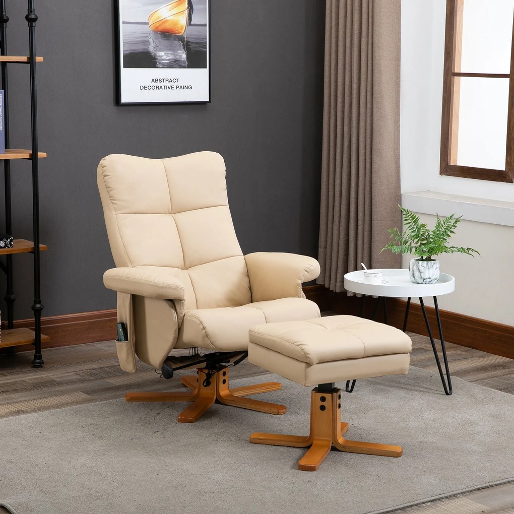 HOMCOM Massagesessel cu Hocker, Scaun de relaxare electric rotativ la 360° cu funcție de întindere și spațiu de depozitare, scaun TV cu buzunar lateral și telecomandă pentru sufragerie, piele ecologică, Crem | Aosom Romania
