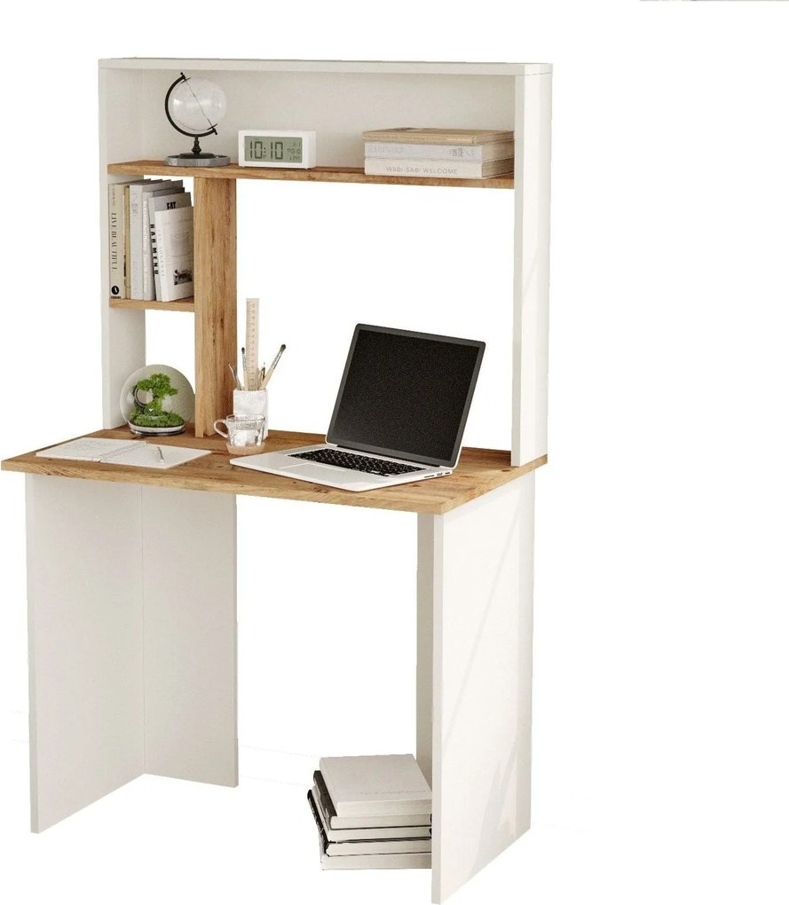 Birou BR2-AW, alb/stejar, PAL, 90x52x149 cm