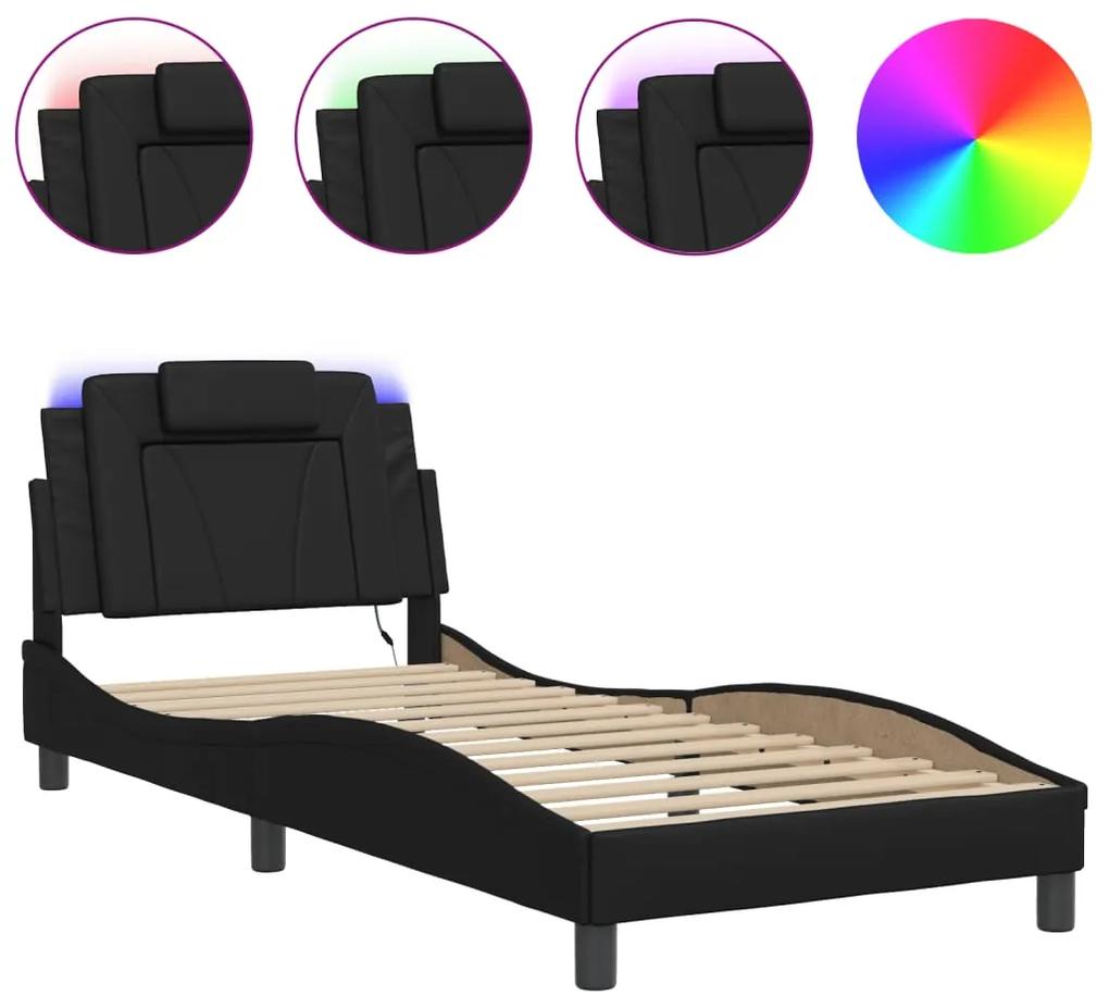 3214190 vidaXL Cadru de pat cu lumină LED, negru, 90x190 cm, piele ecologică