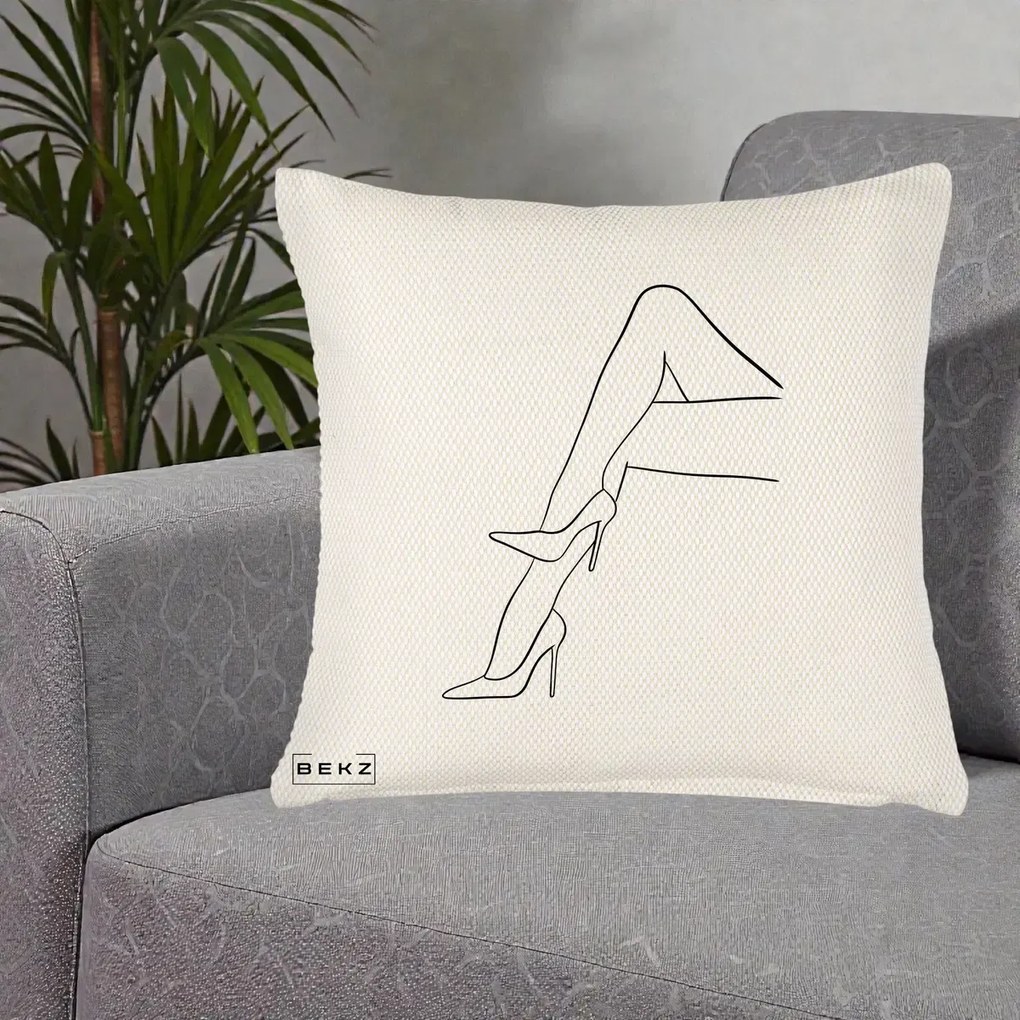 Perna Decorativa Picioare cu Tocuri Line Art, 40x40 cm, Crem Reliefat, Husa Detasabila, Perna Inclusa, BEKZ®