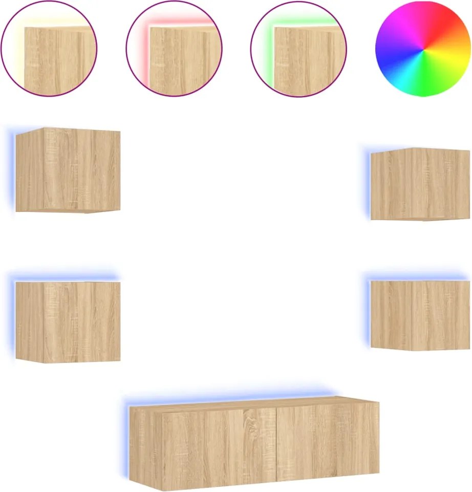 vidaXL Comode TV de perete cu lumini LED, 5 piese, stejar sonoma