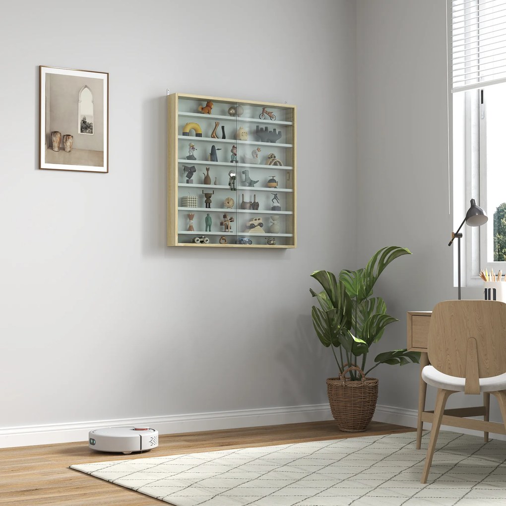 HOMCOM Vitrină de Perete, cu 5 Rafturi Ajustabile, din Lemn, PAL, Sticlă, 80 x 9,5 x 83 Cm, Alb și Gri | Aosom Romania