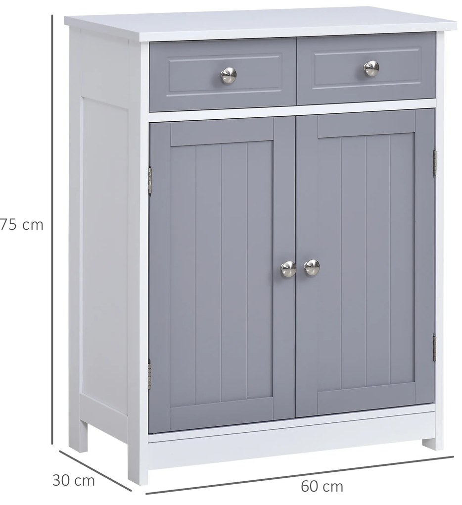 kleankin Mobilier de baie pe picior, dulap de baie 2 uși 2 sertare 60 x 30 x 75 cm gri și alb | Aosom Romania