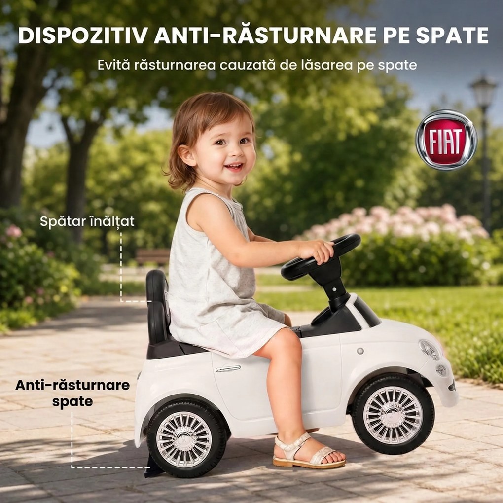 AIYAPLAY Mașinuță de Împins pentru Copii cu Licență Fiat, Muzică, Claxon, Anti-Răsturnare și PP, Alb | Aosom Romania
