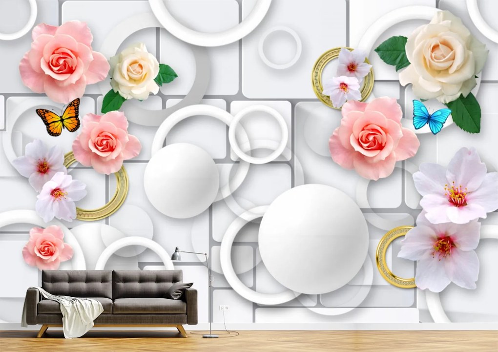 Tapet Premium Canvas - Flori colorate si cercurile 3d abstract