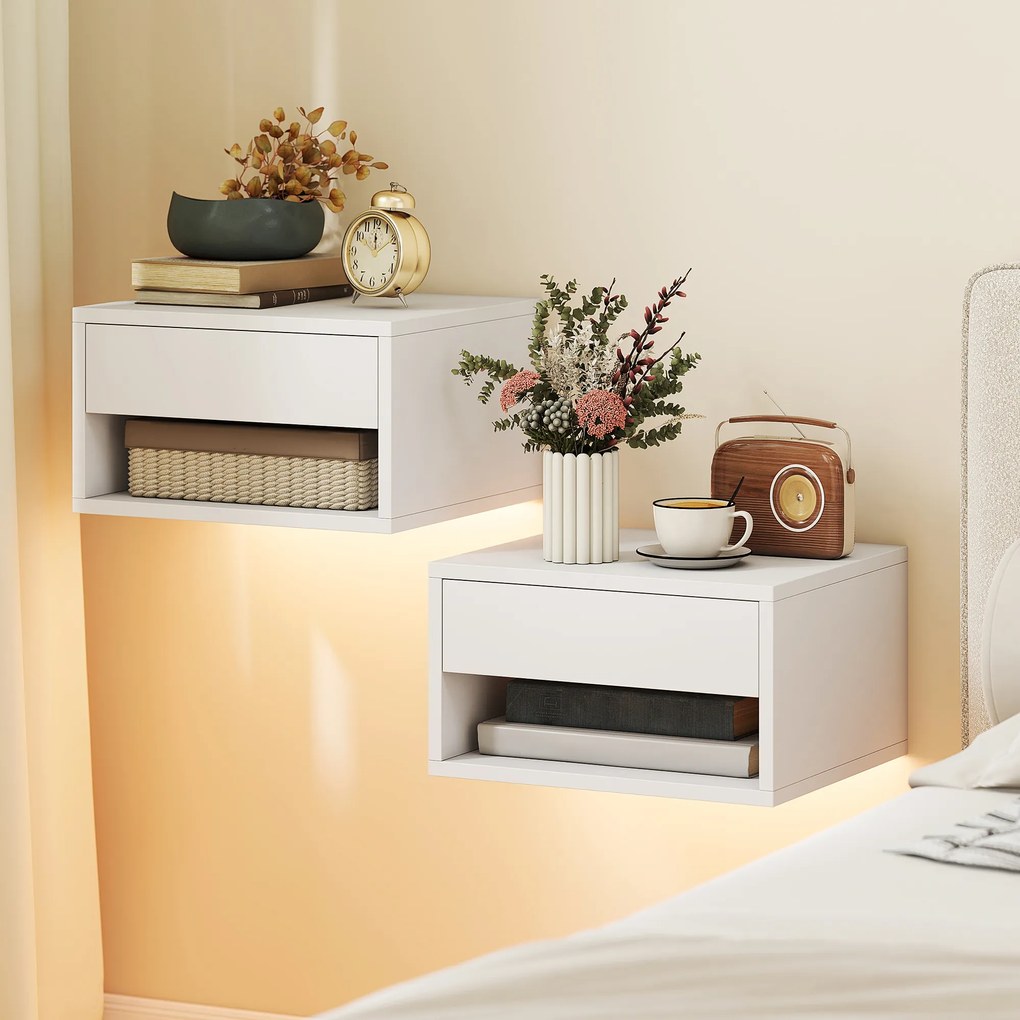 HOMCOM Noptieră set de 2 cu iluminare RGB-LED, noptieră suspendată cu sertar și nișă deschisă, Alb | Aosom Romania