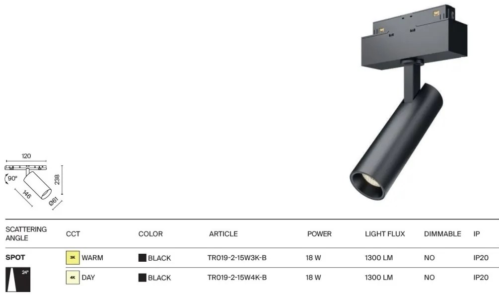 Spot LED, accesoriu pentru sina magnetica S35, Focus LED 18W 3000K