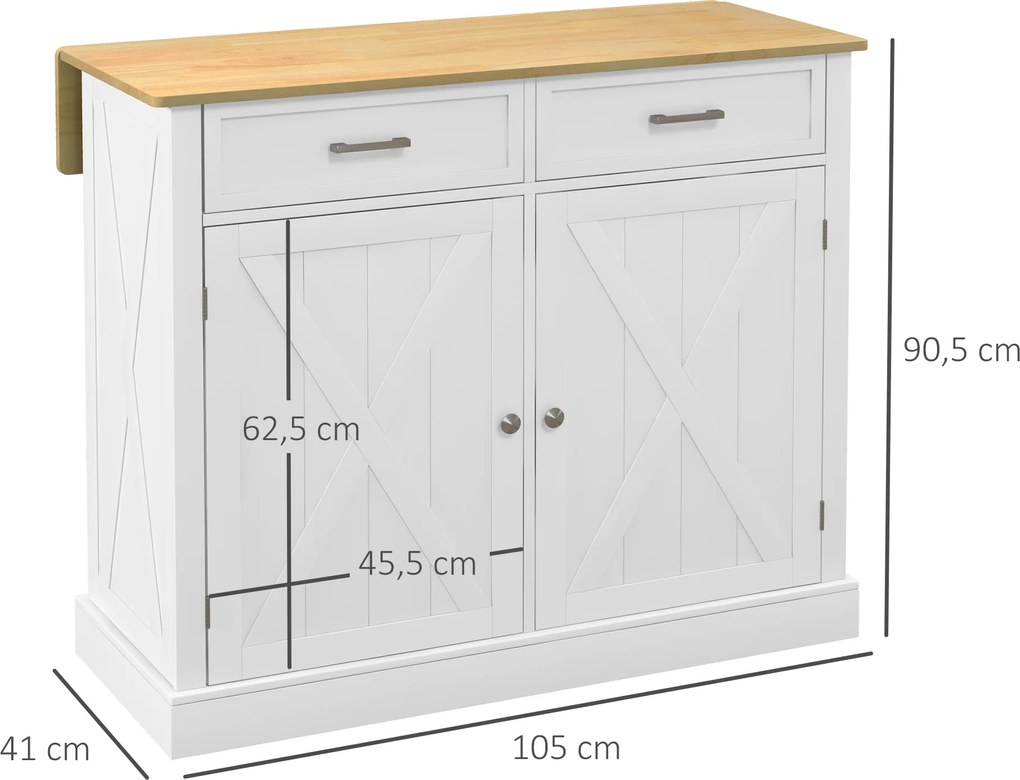 HOMCOM Insulă de bucătărie Cărucior de bucătărie cu blat pliabil din lemn 2 uși 2 sertare raft reglabil și 4 roți 105x60x90,5 cm Alb | Aosom Romania