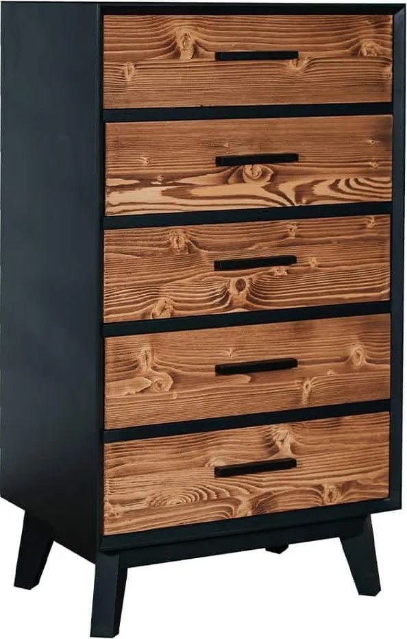 Comodă lemn masiv Timeless 5 Sertare Negru, 60 × 40 × 100 cm