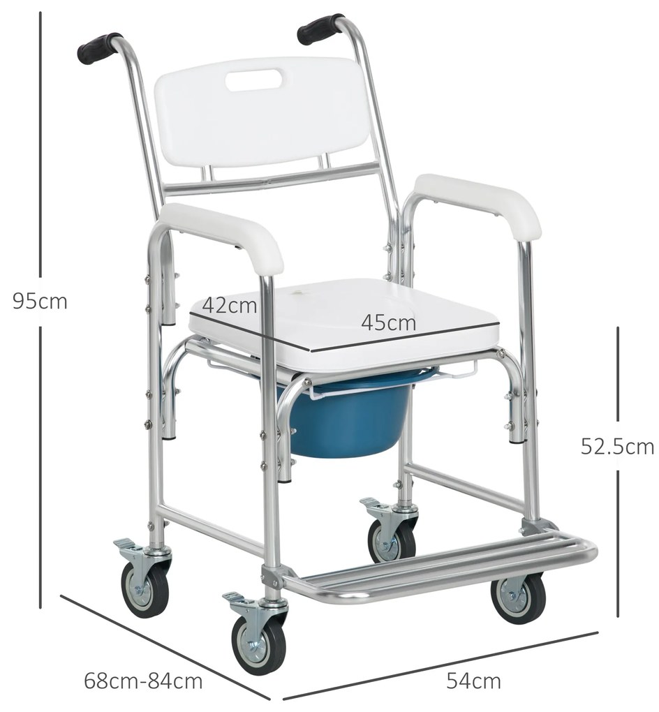 HOMCOM Scaun WC 3 în 1 Pliabil cu Rotile Pivotante, Vas Detașabil și Înălțime Reglabilă, 54x68-84x95 cm, Alb | Aosom Romania