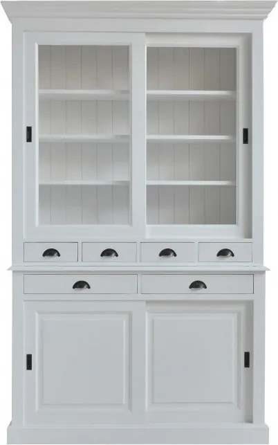 Bufet vitrină din lemn masiv de pin, alb, cu 4 uși glisante, 2 vitrate, 3 rafturi și 6 sertare, finisaj vopsit, 225 x 139 x 50 cm, „Classic”