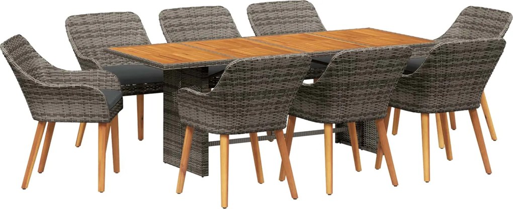 vidaXL Set de masă pentru grădină cu pernă 9 pcs Gri poliratan