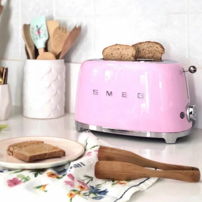 Prajitor de paine SMEG 50's Style TSF01PKEU, 950 W, 2 felii, 6 trepte, Tava pentru firimituri, Cablu integrat, Otel inoxidabil, Roz