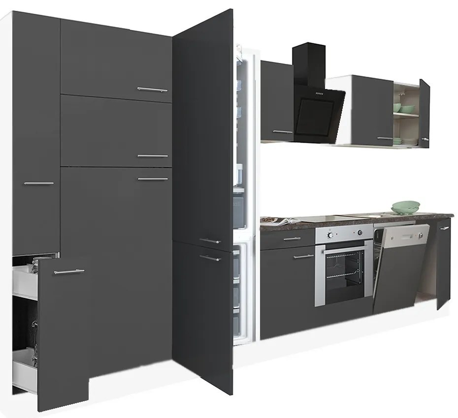 Mobilă de bucătărie Yorki 370, corp alb, față antracit satinat, element cuptor inferior, dulap cu rafturi și frigider congelator inferior
