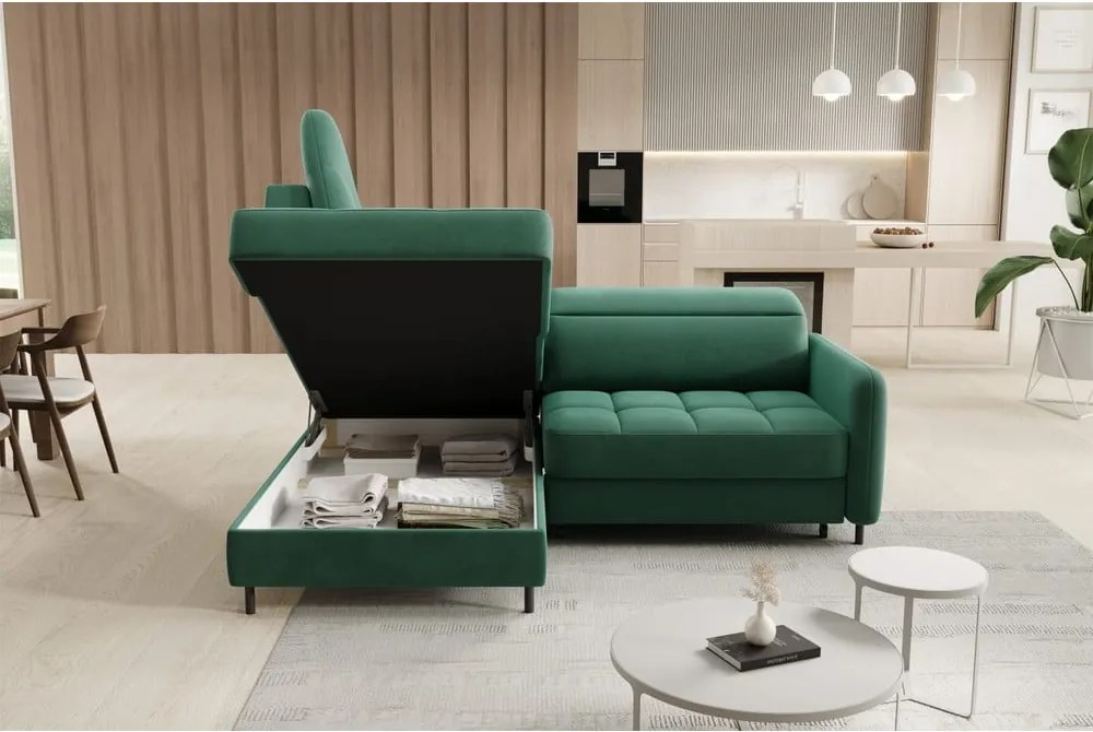 Colțar verde extensibil/cu spațiu de depozitare cu tapițerie din catifea (cu colț pe partea stângă/în formă de ”L”) Barea – ELTAP