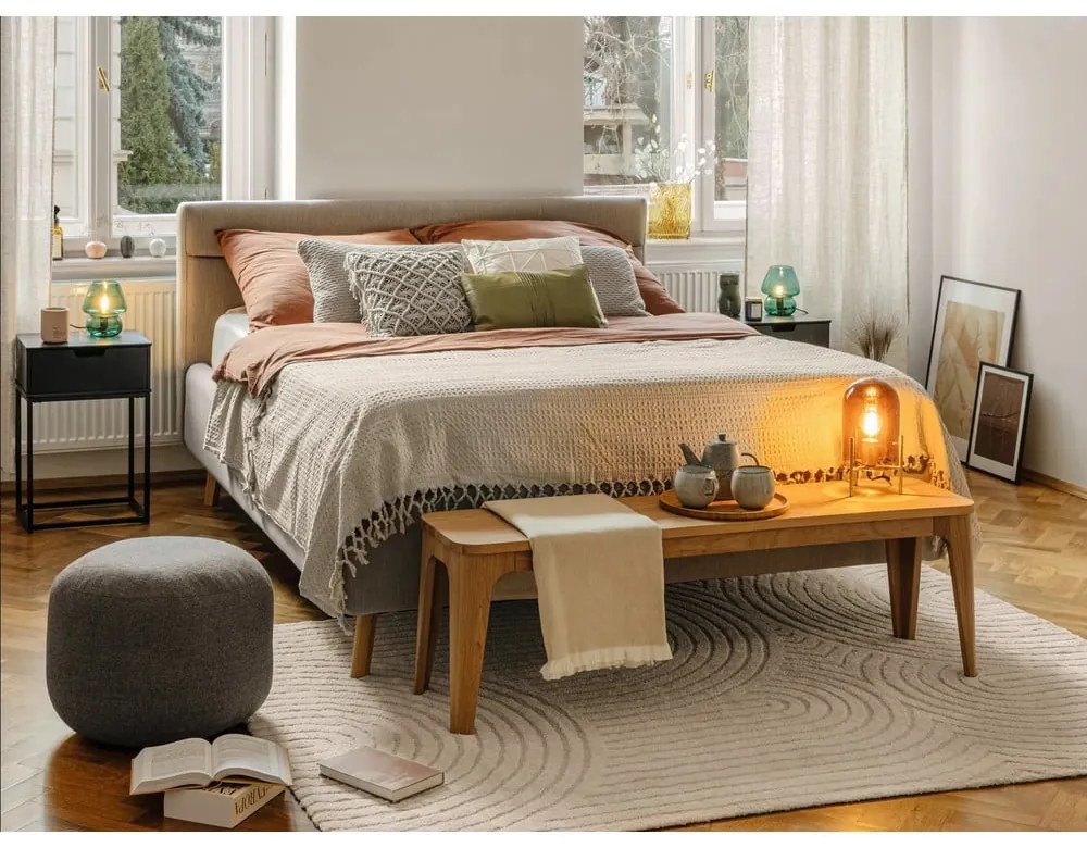 Pat matrimonial bej tapițat cu spațiu de depozitare cu somieră 140x200 cm Lotte – Meise Möbel