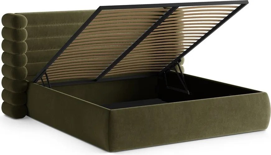 Pat matrimonial verde tapițat cu spațiu de depozitare cu somieră 160x200 cm Mount – Micadoni