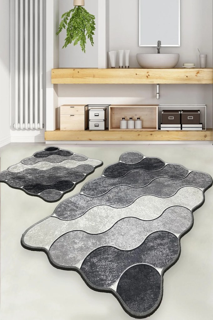 Set 2 covorase baie haaus Circle, Gri/Gri deschis/Alb, 100% poliester, 60 x 100 cm / 50 x 60 cm