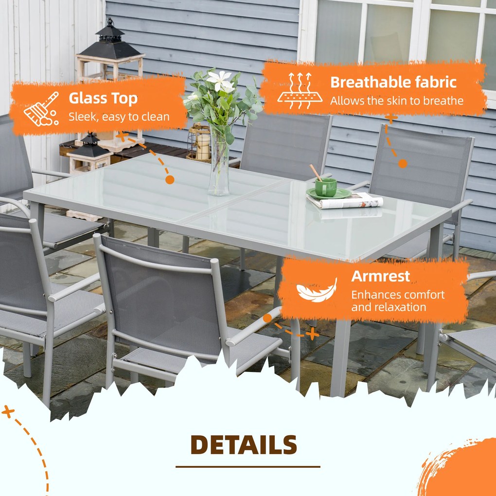 Outsunny Set Mobilier de Grădină cu Masă și 6 Scaune, Cadru din Aluminiu, Scaune din Plasă, Design Modern, Gri | Aosom Romania