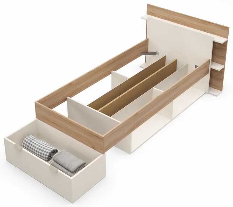 Pat alb/în culoare naturală cu aspect de lemn de stejar cu spațiu de depozitare fără somieră 90x200 cm Albo – Marckeric