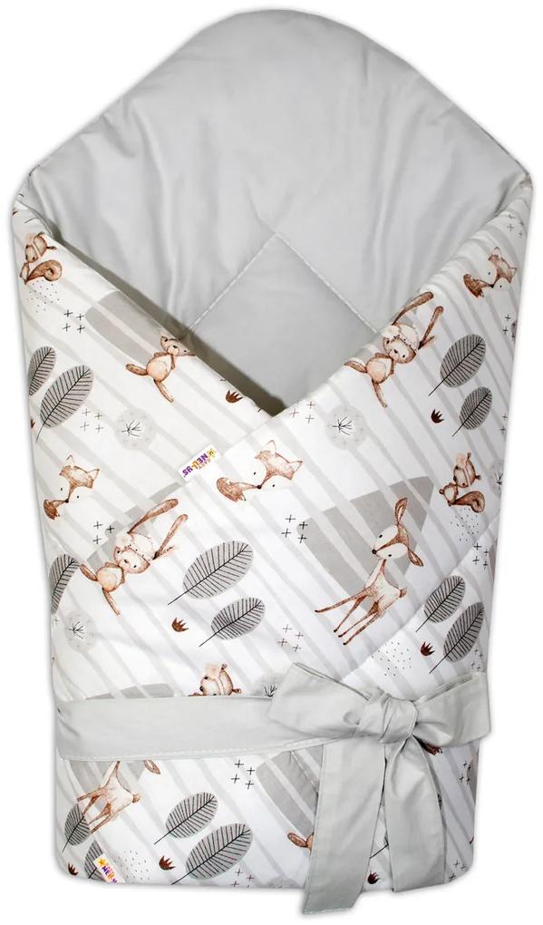 Baby Nellys Reversibil Pătură înfășată 75 x 75 cm cu O fundă, Animale în padurea - gri