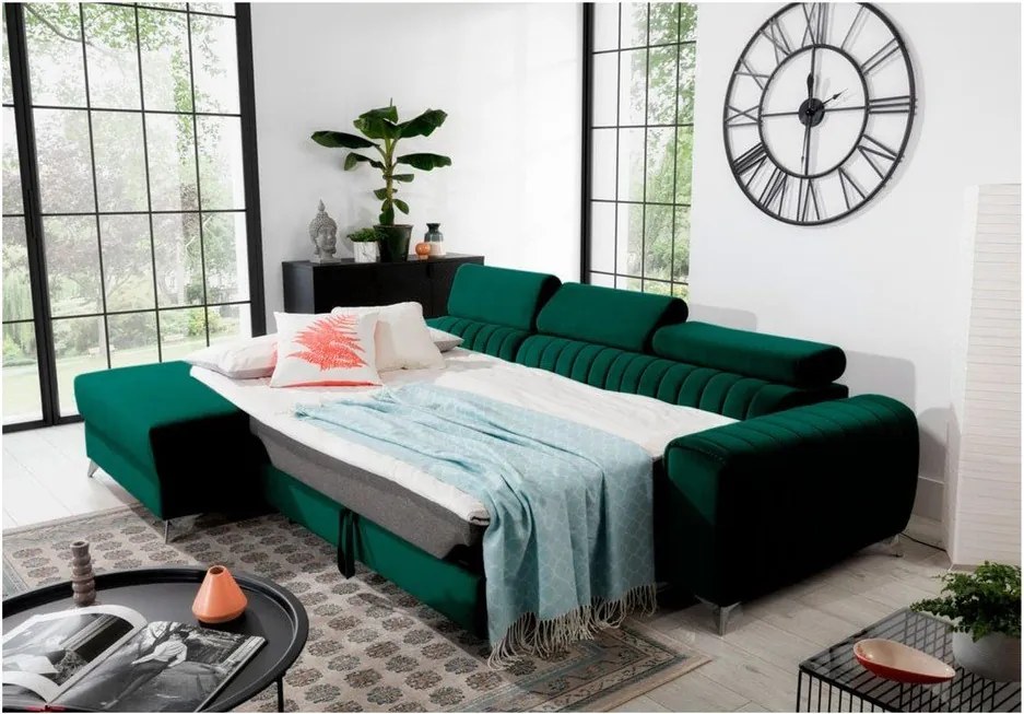 Colțar verde extensibil/cu spațiu de depozitare cu tapițerie din catifea (cu colț pe partea stângă/cu șezlong) Grayson – ELTAP