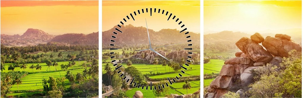 Tablou cu valea Hampi în India (cu ceas) (90x30 cm)